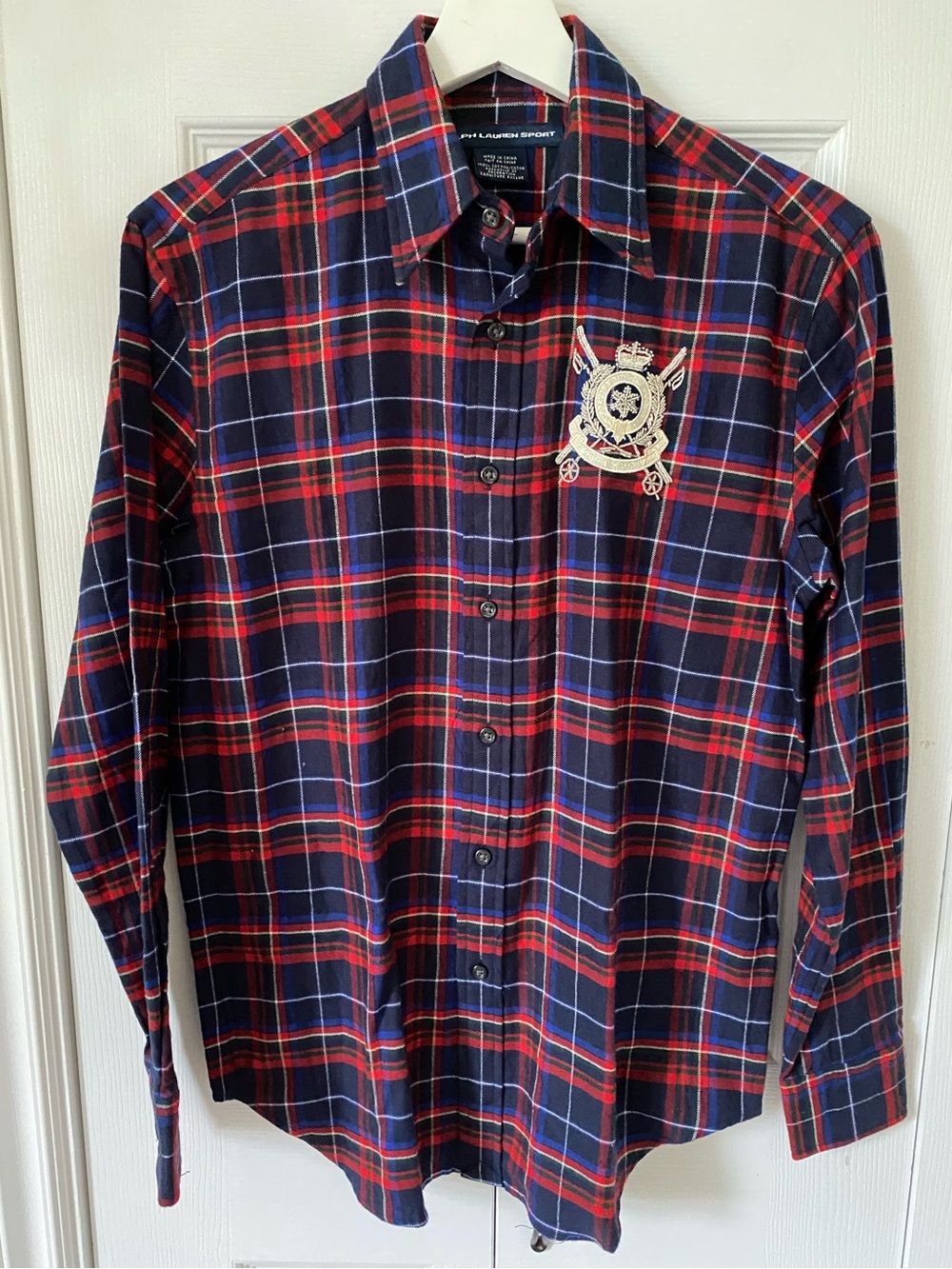 Ralph Lauren Navy & Red Plaid Long-Sleeve Shirt Beaded RL Crest Skis Snowflake 6